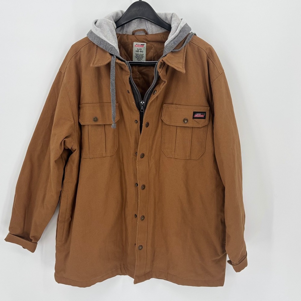 Mens large brown canvas hooded workwear rugged utility coat blue collar gorpcore